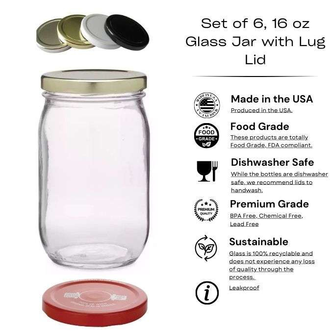 Set of 6, 16 oz Glass Jar with Lug Lid  Straight Sided Glass Jars