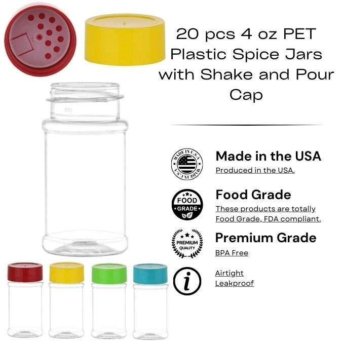 20 pcs 4 oz PET Plastic Spice Jars with Shake and Pour Cap in your color choice  Made in USA  Plastic Jars