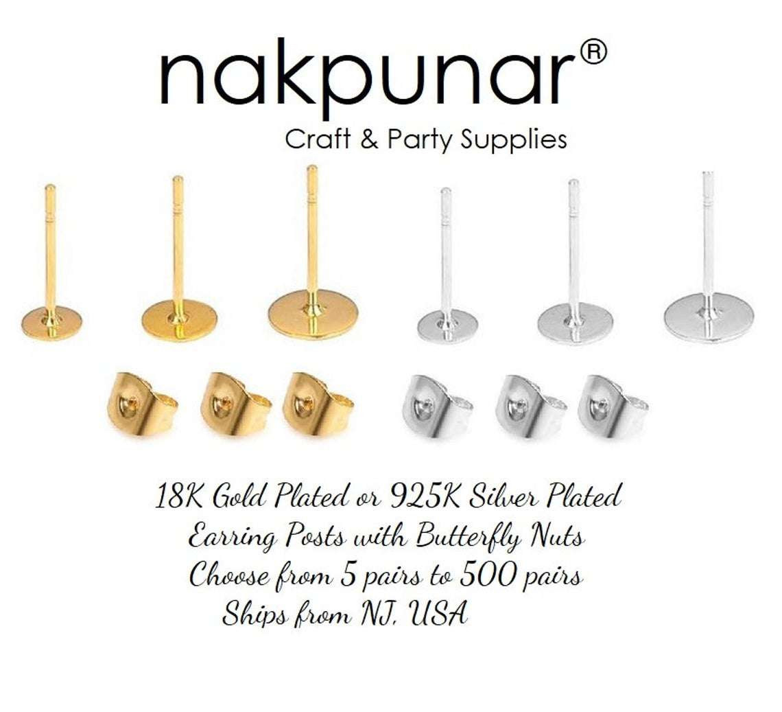 18K Gold or 925K Silver Plated Earring Posts with Butterfly Earring Nuts | Beading & Jewelry Making