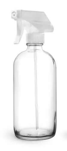 16 oz Clear Glass Boston Round Bottle with White Sprayer | Glass Bottles