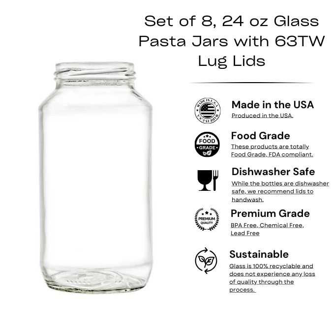 Set of 8, 24 oz Glass Pasta Jars with 63TW Lug Lids – Versatile & Stylish Food Storage Solution