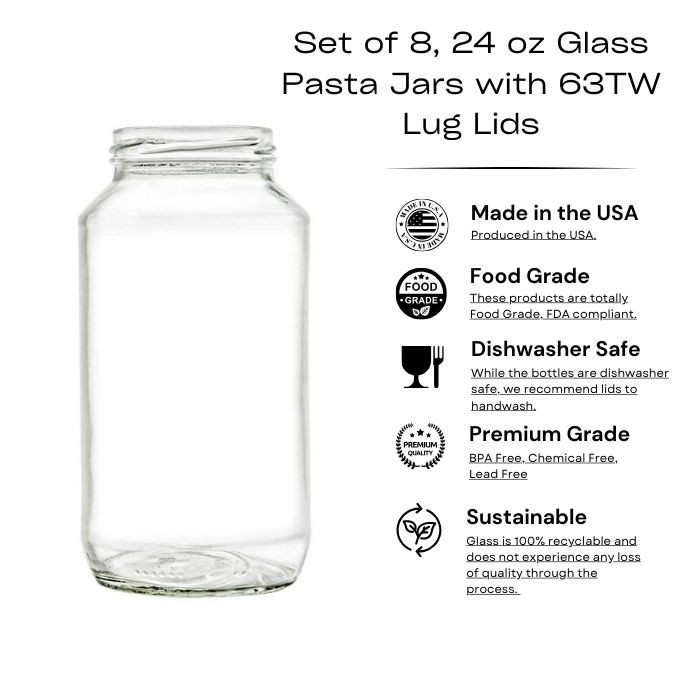 Set of 8, 24 oz Glass Pasta Jars with 63TW Lug Lids – Versatile & Stylish Food Storage Solution