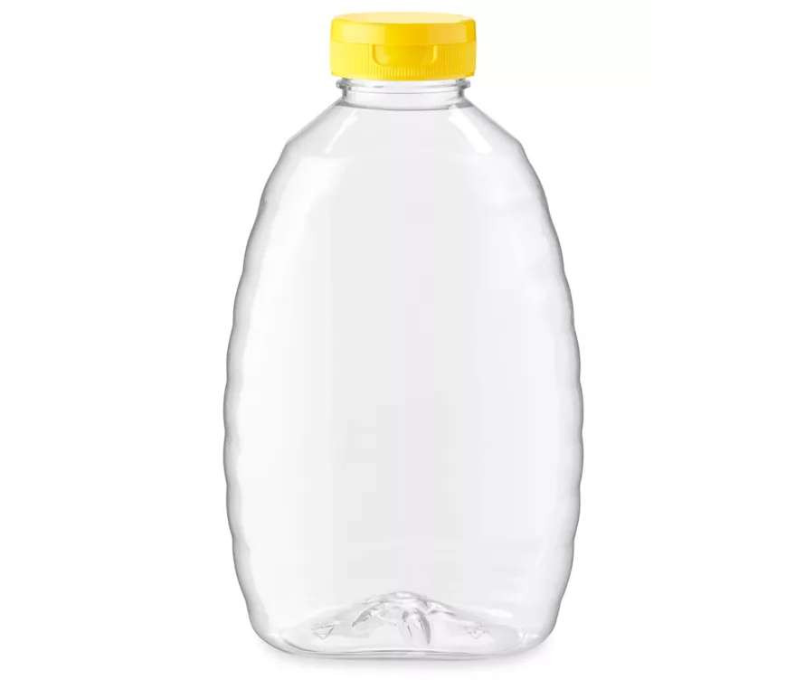 Classic Queenline PET Honey Bottle with Pressure Sensitive Liner Yellow Plastic Flip Top Lid - 32 oz Honey Weight