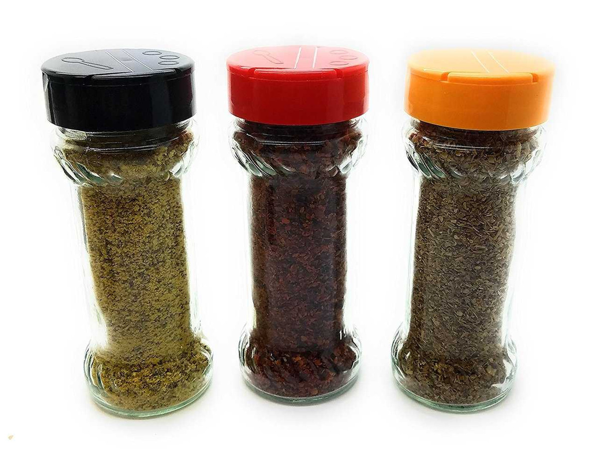 Set of 8 - 6.4 oz Glass Spice Jars with Shaker Fitment and Black Caps