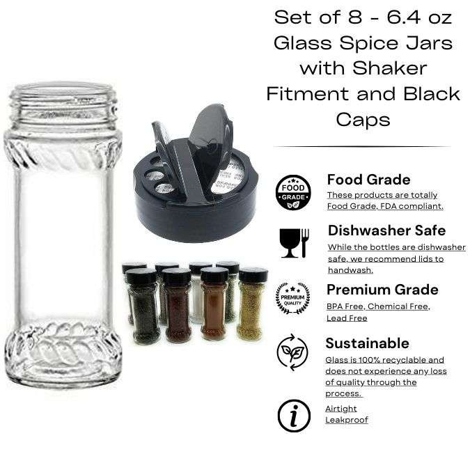Set of 8 - 6.4 oz Glass Spice Jars with Shaker Fitment and Black Caps Jars