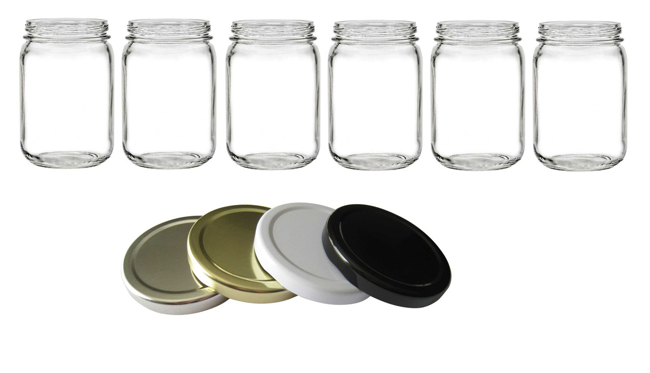 Set of 6, 24 oz Glass Jars with 70TW Lug Lids