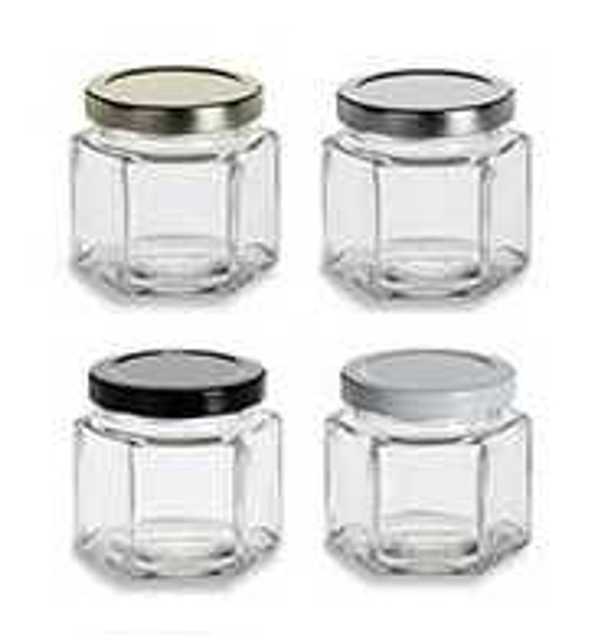 6 oz Oval Hexagon glass canning jars with black plastisol lids