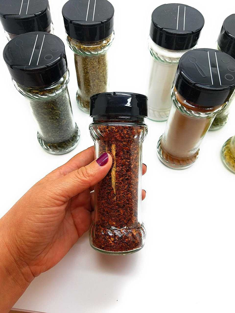 Set of 8 6.4 oz Glass Spice Jars with Shaker Fitment and Black Caps