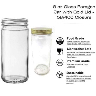 8 oz Glass Paragon Jar with Gold Lid - 58/400 Closure