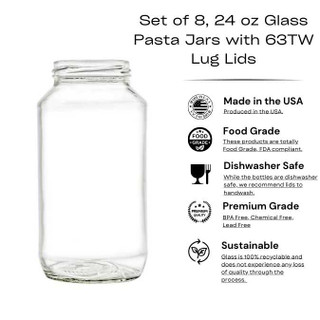 Set of 8, 24 oz Glass Pasta Jars with 63TW Lug Lids – Versatile & Stylish Food Storage Solution