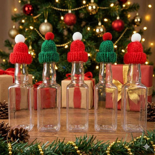 1.7 oz ( 50 ml) mini Plastic Liquor Bottle with black tamper evident cap and christmas santa hat
