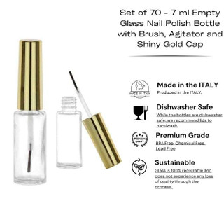 Set of 70 - 7 ml Empty Glass Nail Polish Bottle with Brush, Agitator and Shiny Gold Cap