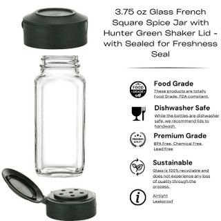 3.75 oz Glass French Square Spice Jar with Hunter Green Shaker Lid - with Sealed for Freshness Seal