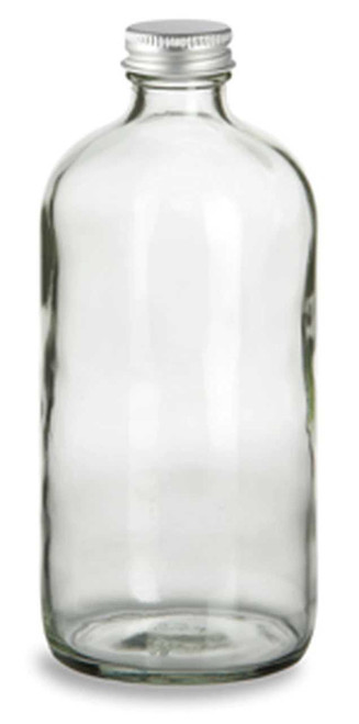 16 oz Clear Glass Boston Round Bottle with Silver Aluminum Cap | Beverage & Liquor Bottles