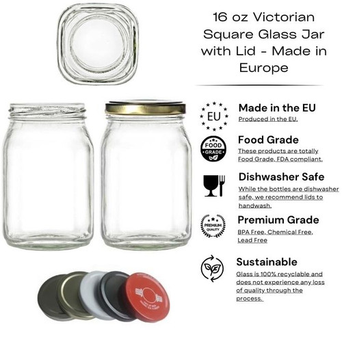 16 oz Victorian Square Glass Jar with Lid - Made in Europe  Square Jars