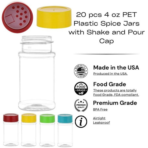 20 pcs 4 oz PET Plastic Spice Jars with Shake and Pour Cap in your color choice  Made in USA  Plastic Jars