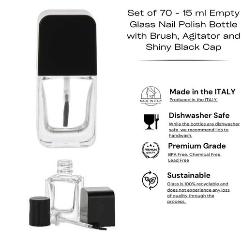 Set of 70 - 15 ml Empty Glass Nail Polish Bottle with Brush, Agitator and Shiny Black Cap