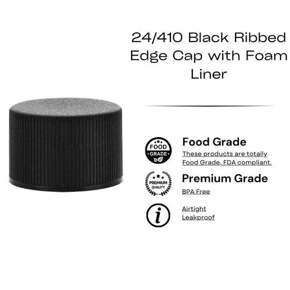 24/410 Black Ribbed Edge Cap with Foam Liner CT Thread Lids- Plastic