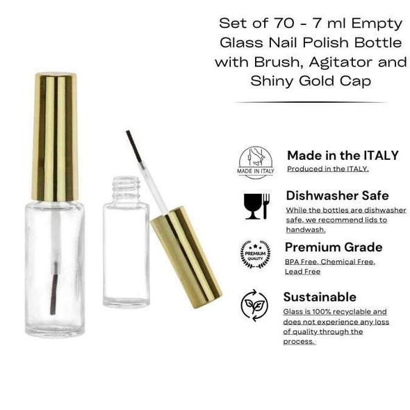 Set of 70 - 7 ml Empty Glass Nail Polish Bottle with Brush, Agitator and Shiny Gold Cap