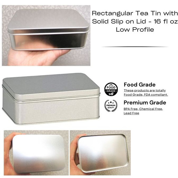 Rectangular Tea Tin with Solid Slip on Lid -16 fl oz Low Profile