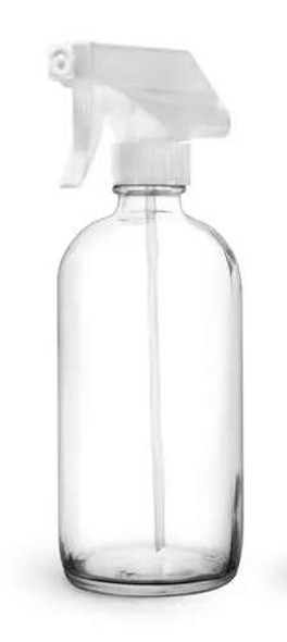 16 oz Clear Glass Boston Round Bottle with White Sprayer | Glass Bottles