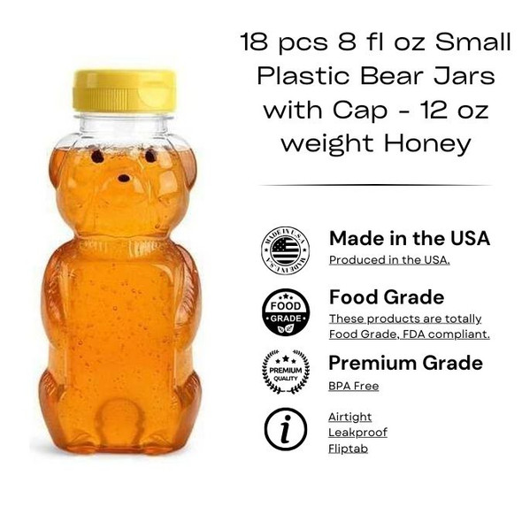 18 pcs 8 fl oz Small Plastic Bear Jars with Cap - 12 oz weight Honey Jars