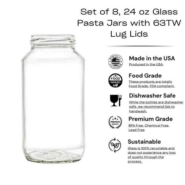 Set of 6, 24 oz Glass Jars with 70TW 70-2030 Lids | Nakpunar