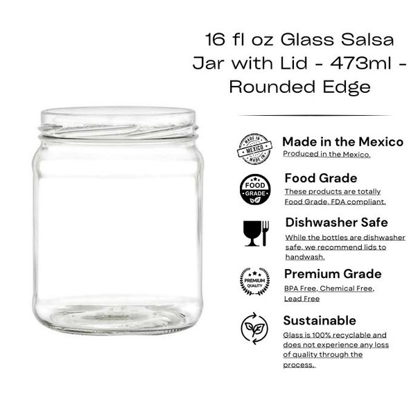 16 fl oz Glass Salsa Jar with Lid - 473ml - Rounded Edge Straight Sided Glass Jars