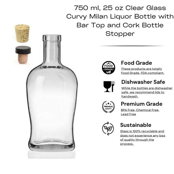750 ml, 25 oz Clear Glass Curvy Milan Liquor Bottle with Bar Top and Cork Bottle Stopper Beverage & Liquor Bottles