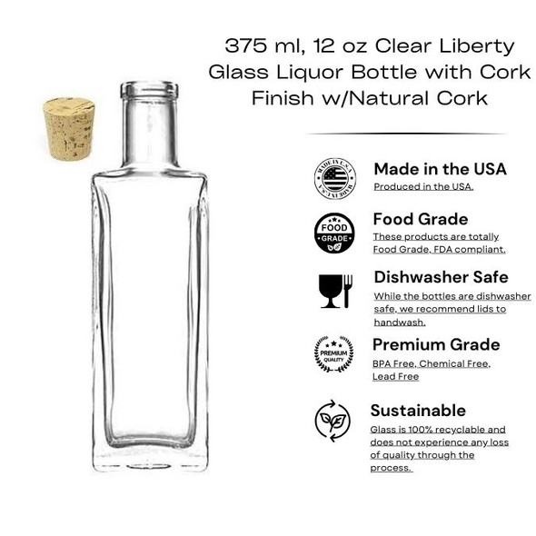 375 ml, 12 oz Clear Liberty Glass Liquor Bottle with Cork Finish w/Natural Cork  Beverage & Liquor Bottles