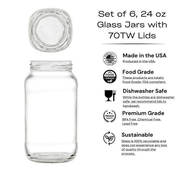 Set of 6, 24 oz Glass Jars with 70TW Lids
