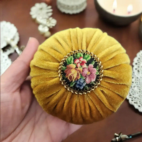 OOAK XL Emery Sand Filled Pincushion - 1 lbs, Decorated with Hand Embroidered Vintage Floral Rose Brooch, Gift For Her Sewing Room Decor - 2