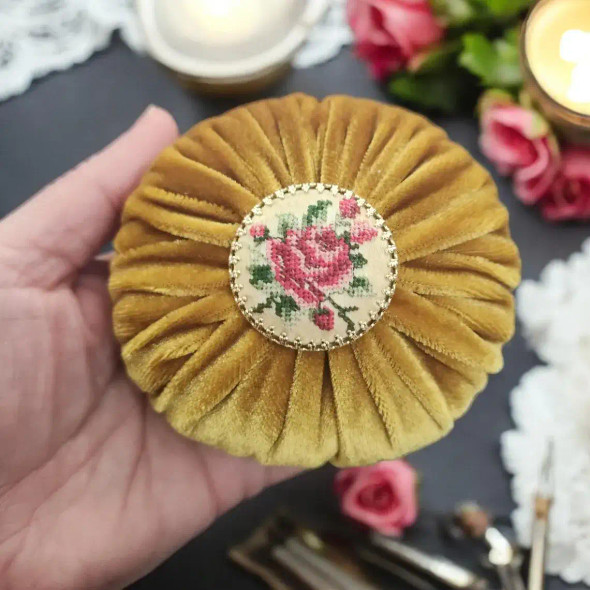 OOAK XL Emery Sand Filled Pincushion - 1 lbs, Decorated with Hand Embroidered Vintage Floral Rose Brooch, Gift For Her Sewing Room Decor