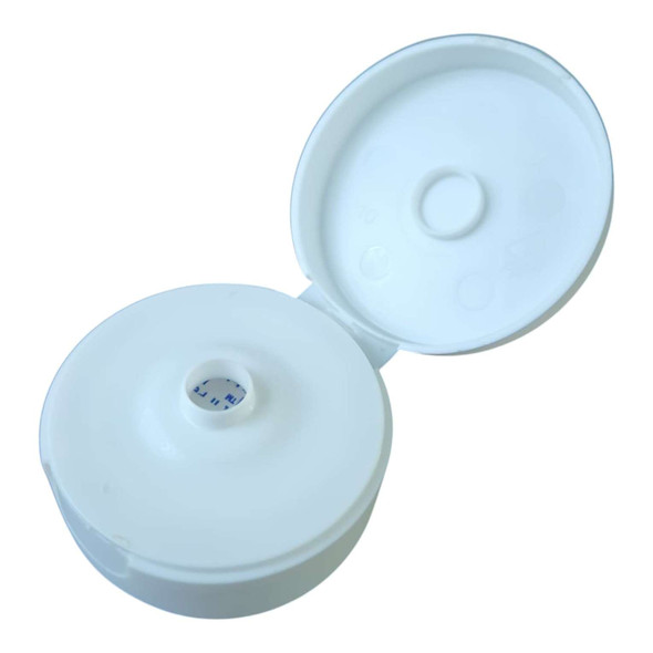 38-400 white matte snap-top dispensing cap with .370 inch orifice, shown open for controlled dispensing