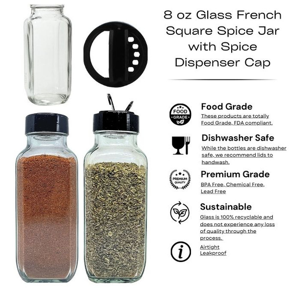 8 oz Glass French Square Spice Jar with Stainless Steel Spice Dispenser cap Jars