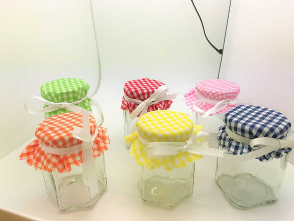 6 piece Red and White Gingham Jar Covers