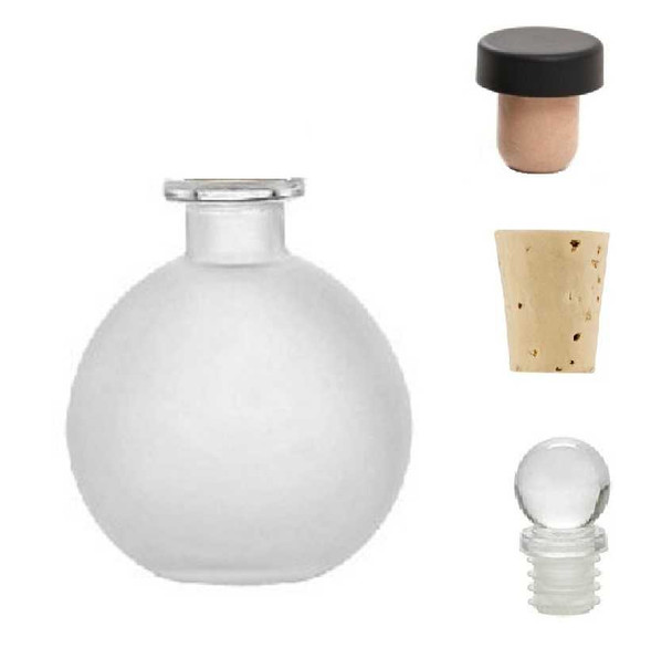 8.5 oz Spherical Frosted Round Glass Bottle with Natural Cork, Glass or T-Bar Stopper (250 ml)