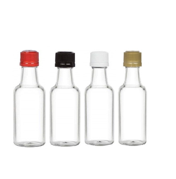 Nakpunar 50 ml Clear PET Plastic Mini Liquor Bottles with 18TE Tamper Evident Caps