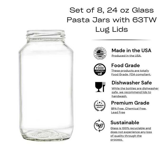 Set of 8, 24 oz Glass Pasta Jars with 63TW Lug Lids – Versatile & Stylish Food Storage Solution