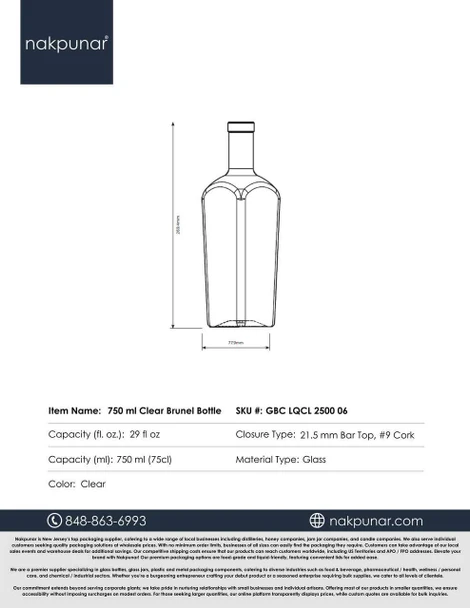 6 pcs 750 ml Clear Tapered Square Brunel Liquor Bottle with T-Bar Cork Finish