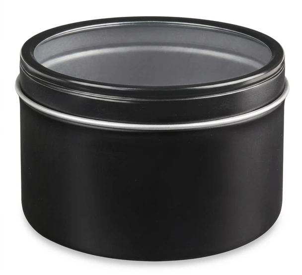 8 oz black metal tin with clear window lid for candy tea spices and candles