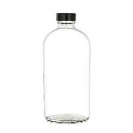 Clear Glass Vinegar Style Round Bottles w/ Black Ribbed Lined Caps