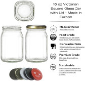 16 oz Victorian Square Glass Jar with Lid - Made in Europe  Square Jars