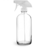 16 oz Clear Glass Boston Round Bottle with White Sprayer | Glass Bottles