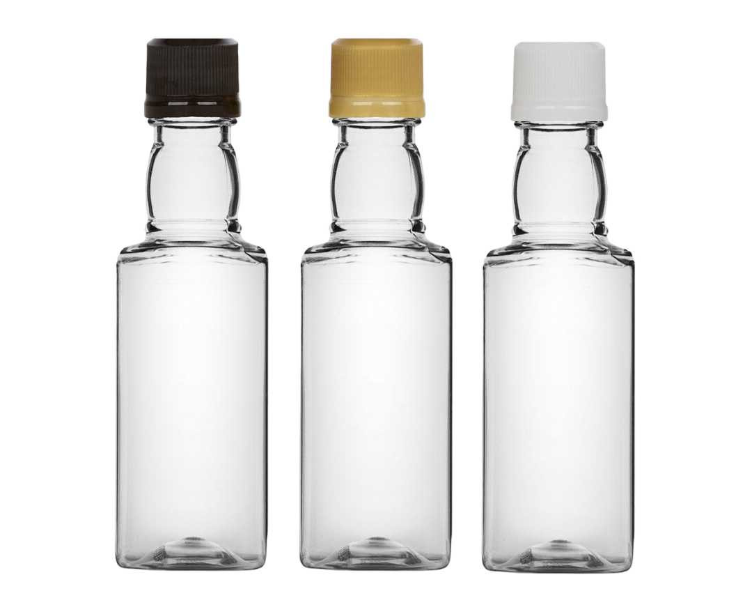 1.7 oz ( 50 ml) mini Square Plastic Liquor Bottle with choice of color cap
