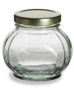 8 oz Round Faceted Glass Jar with Gold Plastisol Lined Lid