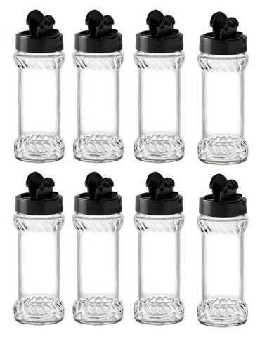 Set of 8 6.4 oz Glass Spice Jars with Shaker Fitment and Black Caps