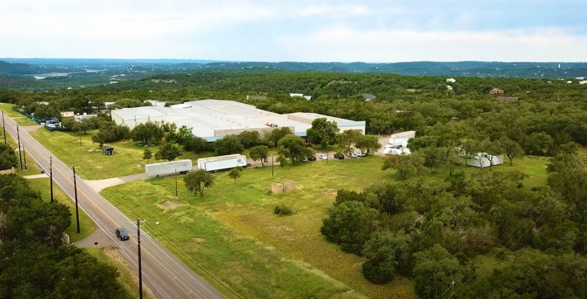 Aerial view of the DougDeals warehouse in Leander, Texas