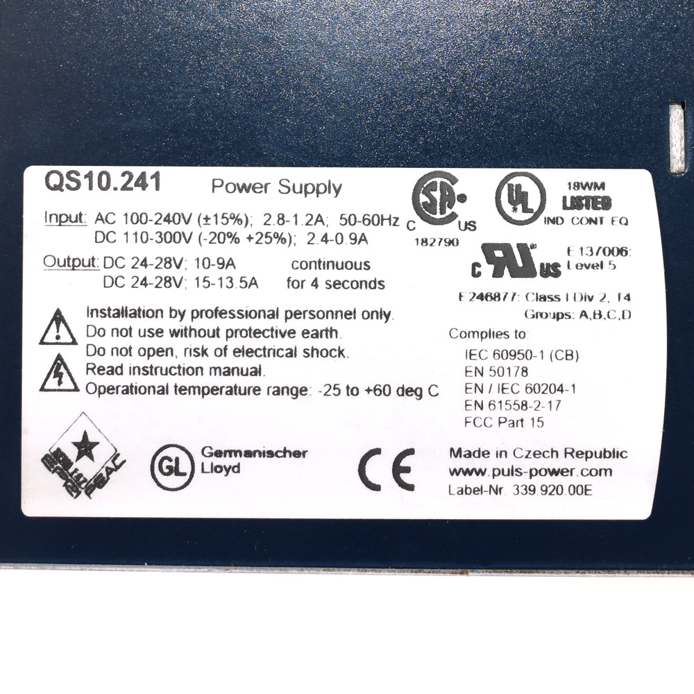 PULS QS10.241 DIN Rail Power Supply OUT: 1PH 24VDC 10A IN: 100