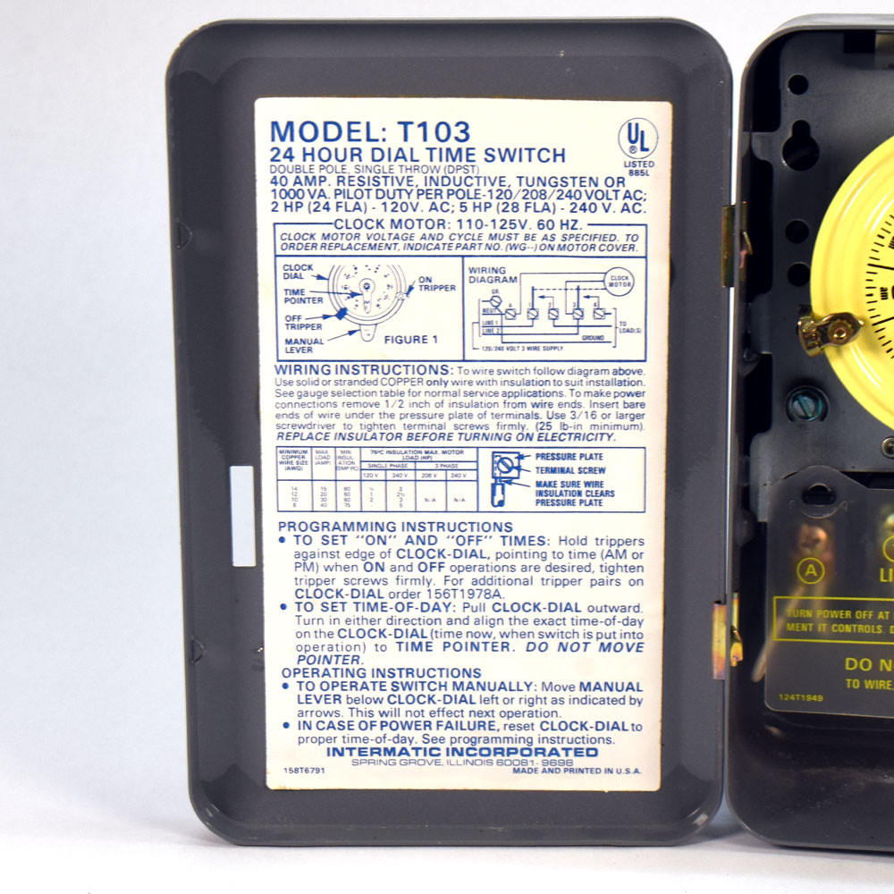 Intermatic T103 Indoor 1 Hour Interval 24-Hour Dial Time Switch